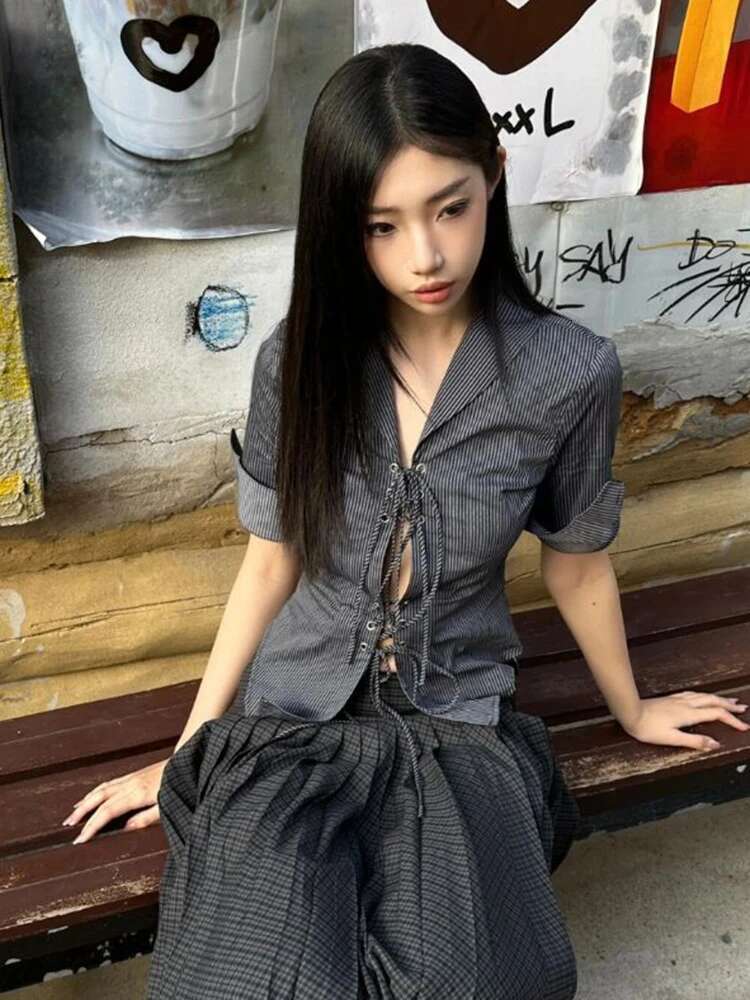 Zoki Y2K Slim Striped Shirt Women Sexy Hollow Out Lace Up Blouse Vintage Casual American Half Sleeve Design Haruku Retro Tops