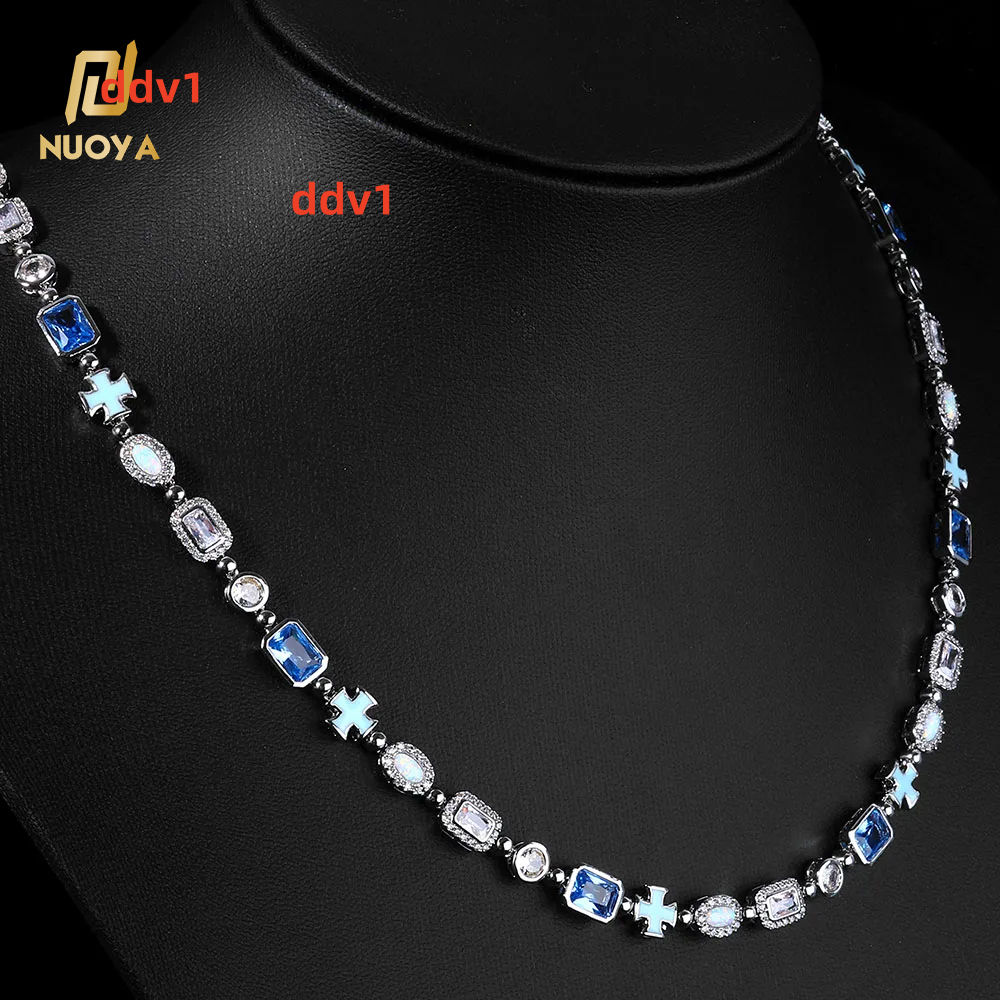 NUOYA 6mm Oil Drip Cross Necklace Geometric Design Iced Out Colorful Moissanite Stones Hip Hop Fine Jewelry Chain