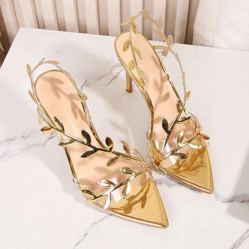 New Summer Women's Sandals, Golden Branches and Jade Leaves Shoes, Stiletto Pointed High-heeled Sandals