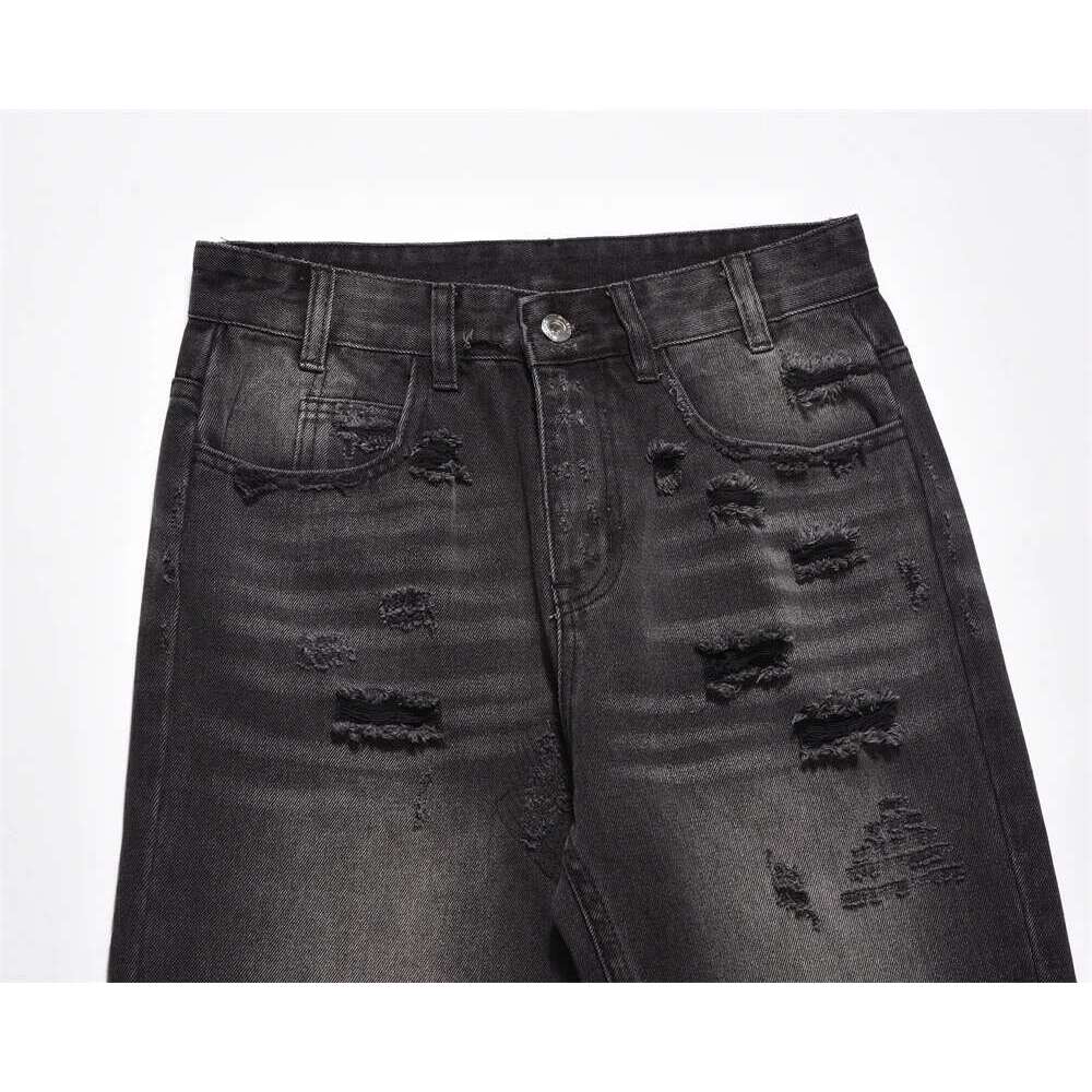 Retro Washed Black Ripped Hole Jeans Mens High Street Raw Edge Straight-Leg Flared Pants Men