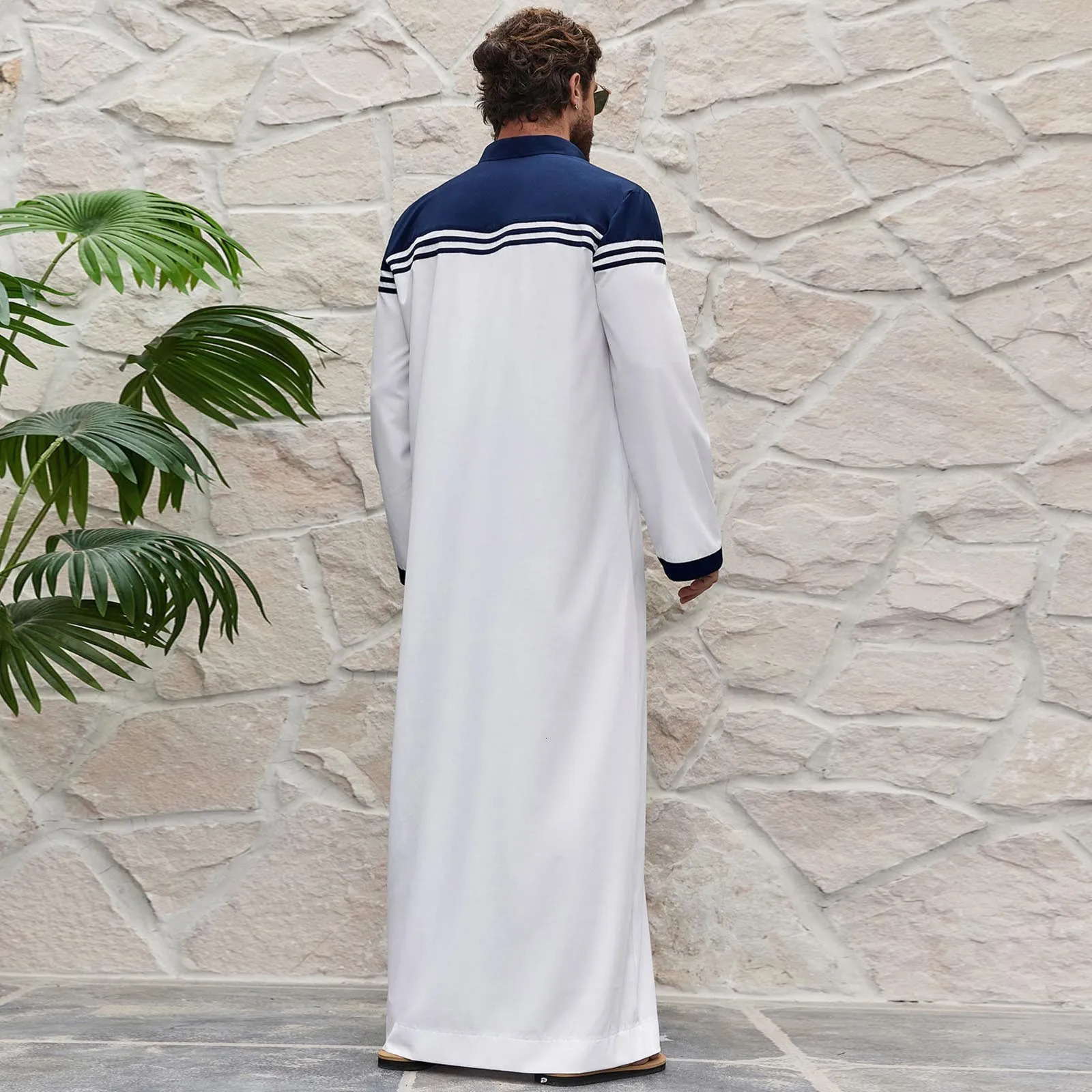 Muslim Robe Comfortable Mens Caftan Long Sleeve Contrastive Color Clothing Mandarin Collar Middle Eastern 250409