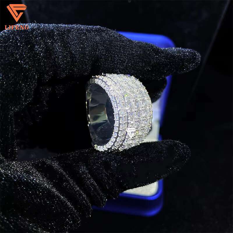 Luxury 5-Row Moissanite Ring 10k Solid Gold With 925 Silver Hip Hop Band Fashion Jewelry for Men-Passes Diamond Test Gift