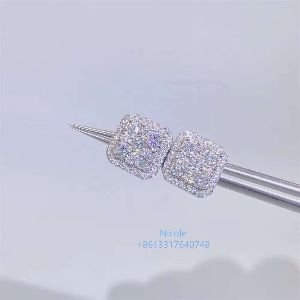 Iced Out Vvs Moissanite Diamonds square Shape 925 Sterling Silver Mens Hip Hop Stud Earrings