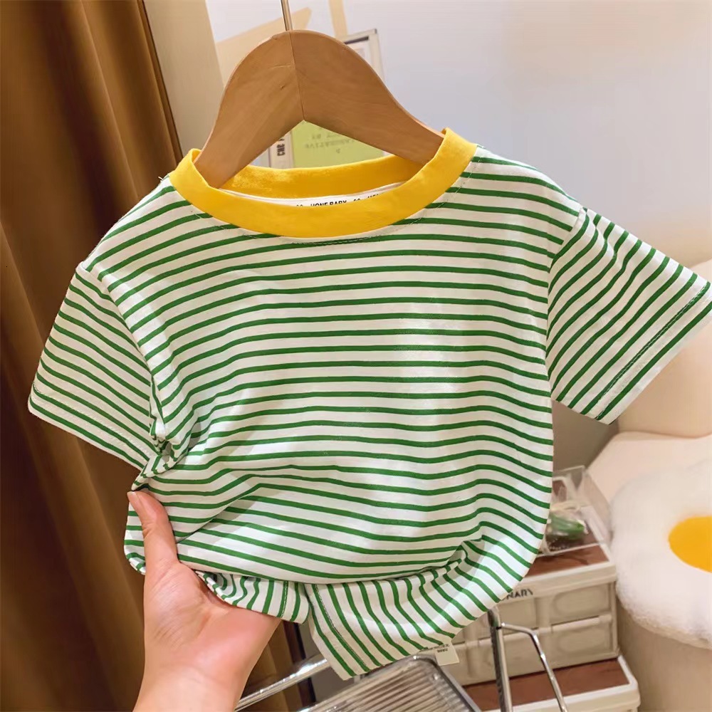 Ddmyshoesvip Girls Summer Short New Pure Cotton Striped Round Neck Casual T Shirt Baby Thin Half Sleeved Base Shirt Trend