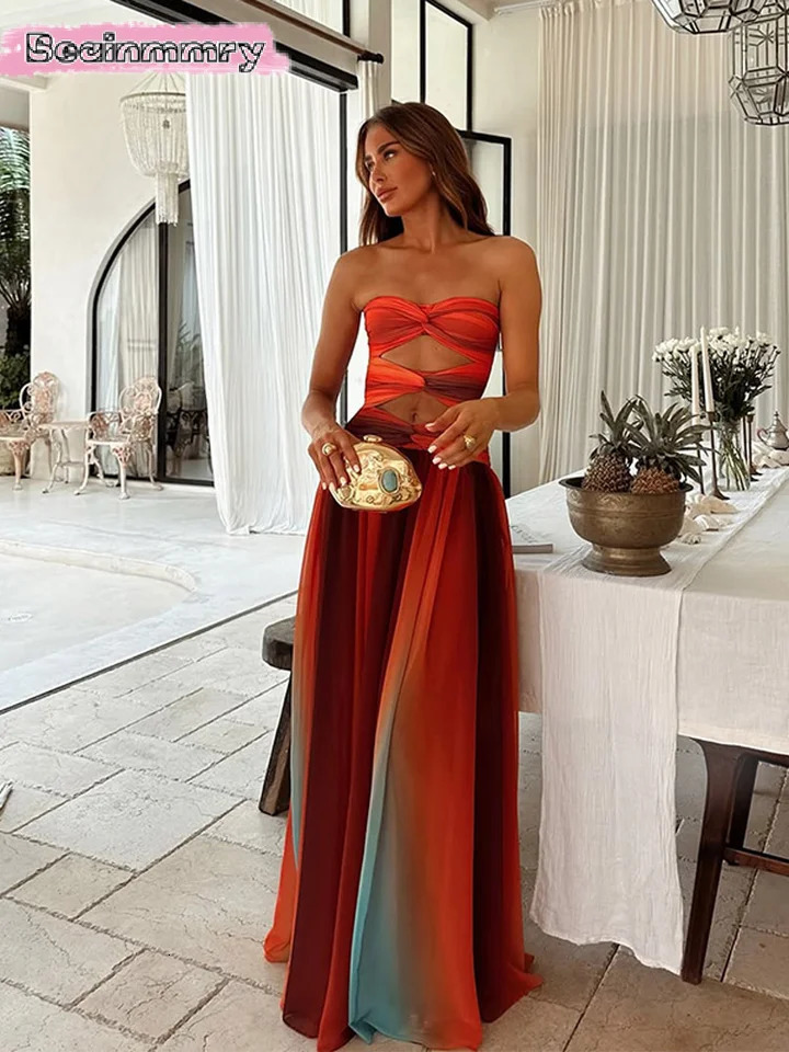 Printed color collision womens Maxi dress corset wrapped cutting strapless pleated robe summer 250409