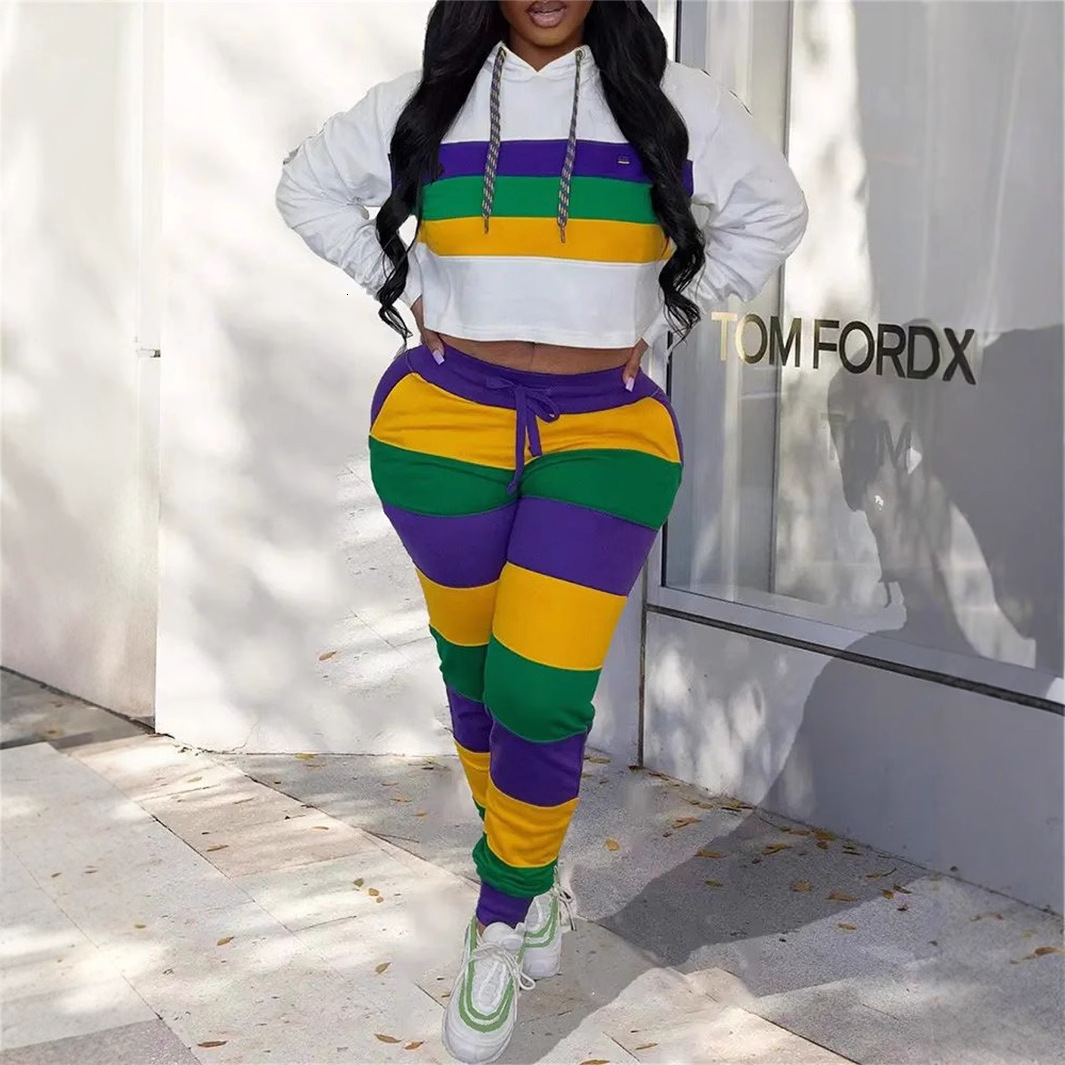 2025S Designer Women S Set New Orleans Festival Striped Contrasting Lace Up Tight Pants Short Hooded Top Sports Suit