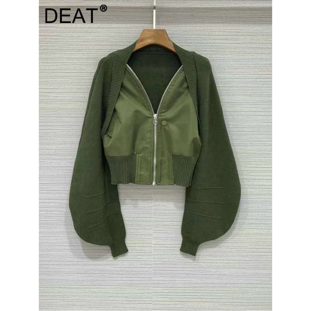 DEAT Knitted Spliced Stretch Short Jacket Women's 2024 Autumn New Fashion Loose Leisure Zipper Design Coat Female Tide Cp1746