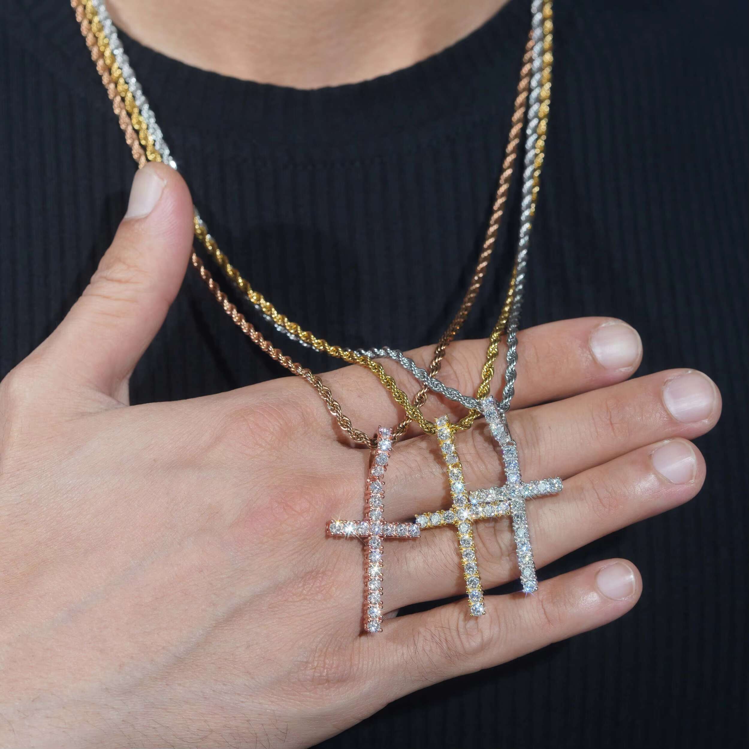 Stock Popular Jewelry 925 Sterling Silver Vvs Moissnaite Diamond Tennis Chain Cross Pendant Necklace