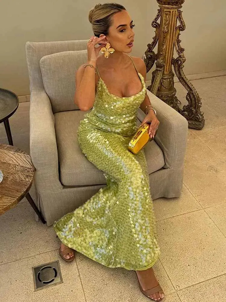 BKQU sequins sexy backless long dress womens cross suspender fashion Uneck ultrathin sparkling evening summer beach 250409