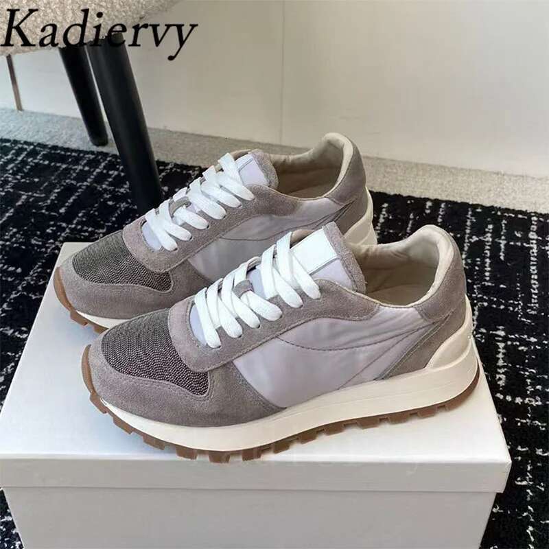Sneakers For Women Round Toe Lace Up Running Female String Bead Cow Suede Patchwork Flat Sports Shoes Woman
