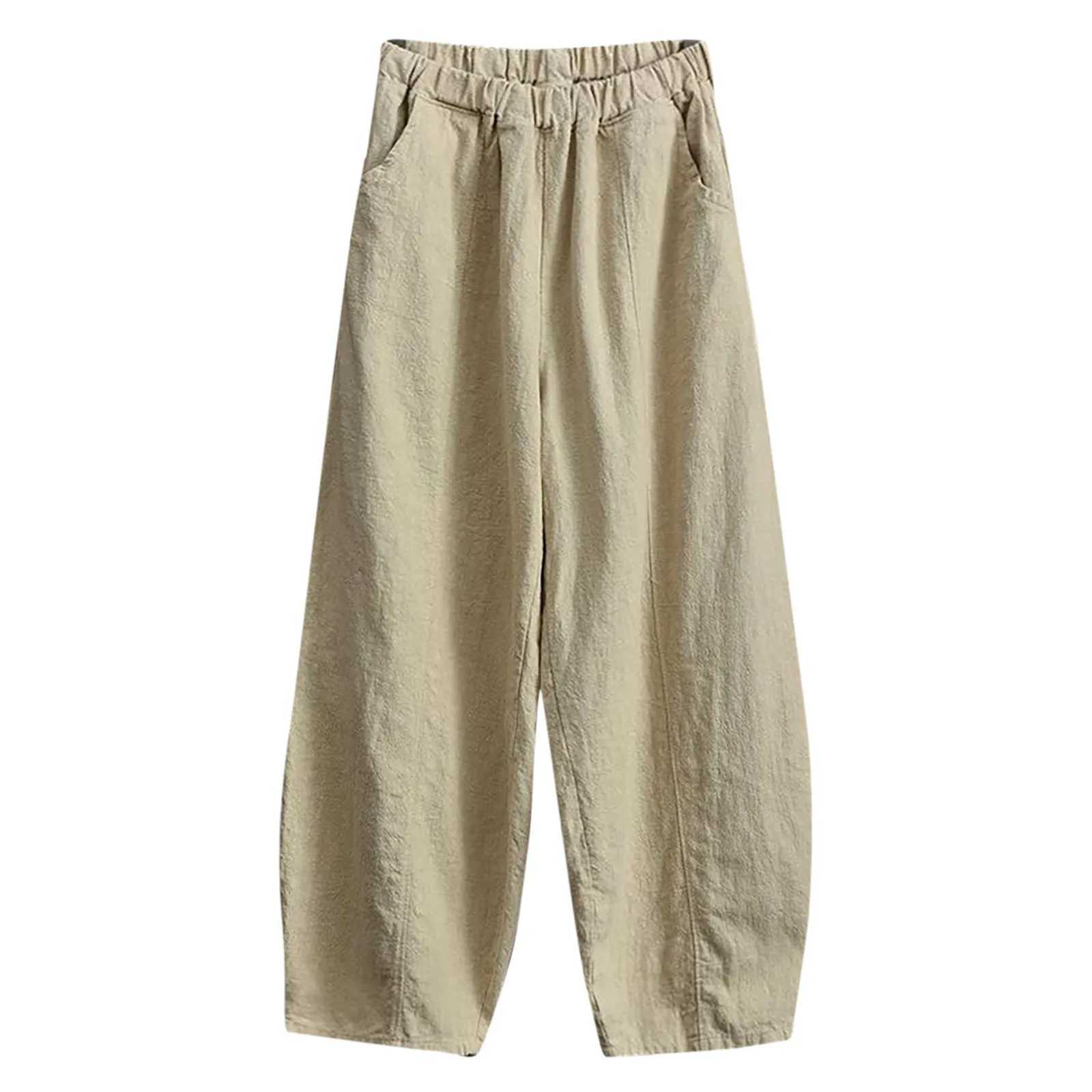 Linen pocket elastic breathable Trouser wide leg Trouser 2023 loose cotton waist pants womens pantsXJ250403