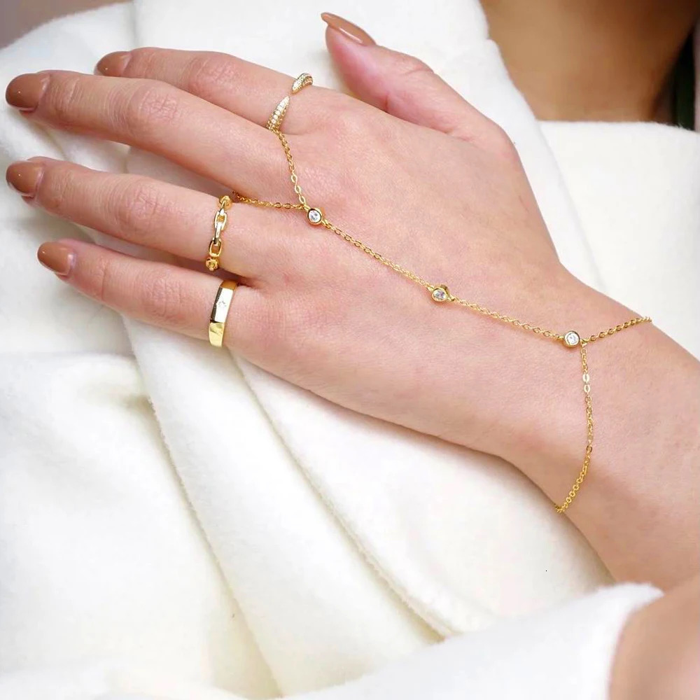 High quality 925 sterling silver gold color micro pave cz station charm chain bracelet with ring fashion wrist jewelry for women 250408