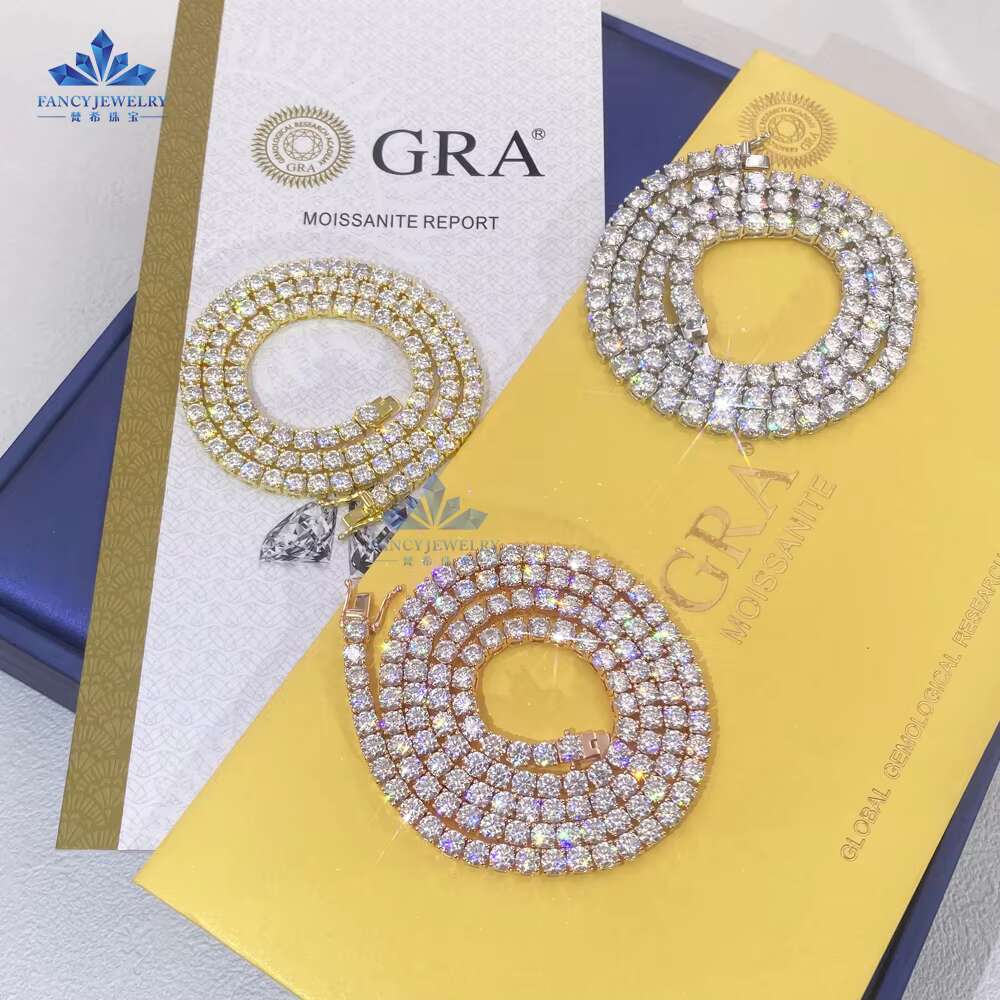 Hot Selling Hip 925 Silver Moissanite Necklace Iced Out Lab Diamond Link Chains 3mm 4mm 5mm VVS Moissanite Tennis Chain