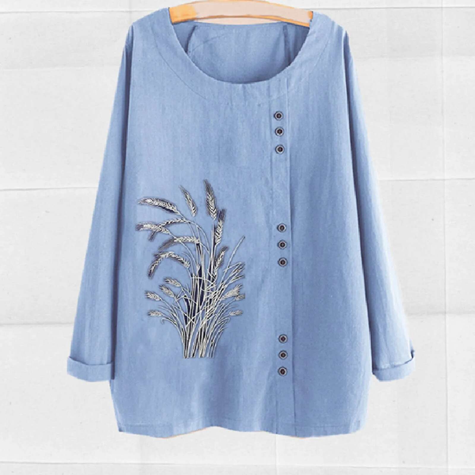 Dongdumaoyi Elegant Wheat Print Cotton Linen Shirt Casual Summer Women O Neck Short Sleeve Solid Pullover Top Fashion Street Flower Blouse T Shirt