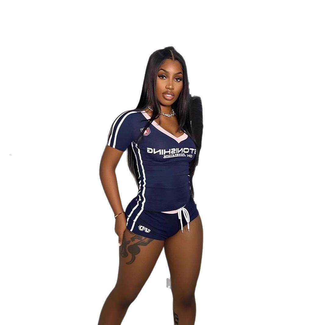 2025S Designer Women S Set Spring New Slim Fit Sexy Hot Girl Printed Short Sleeve V Neck Top Strap Shorts Set