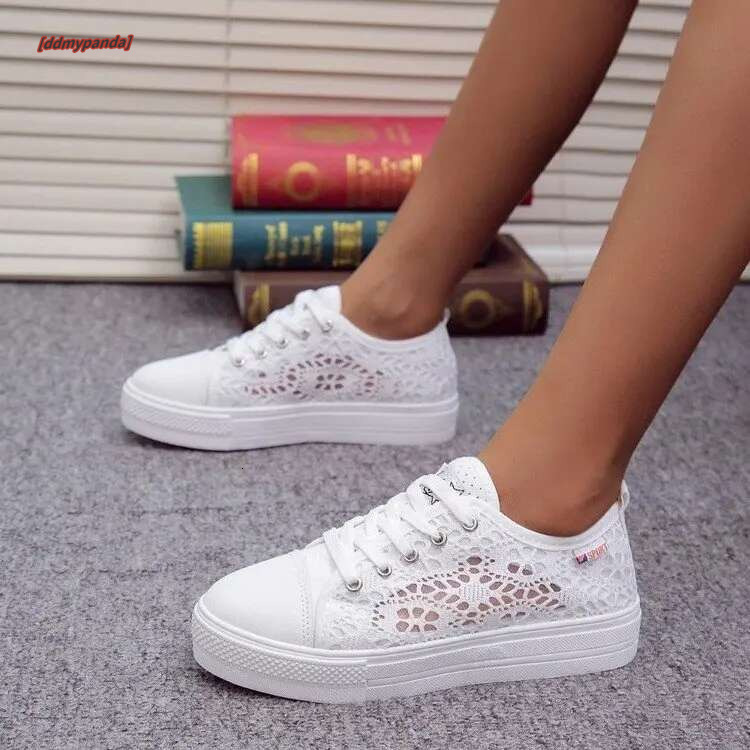 Women 2023 Fashion Summer Casual White Cutouts Lace Canvas Hollow Breathable Platform Flat Shoes Woman Sneakers ddmypanda