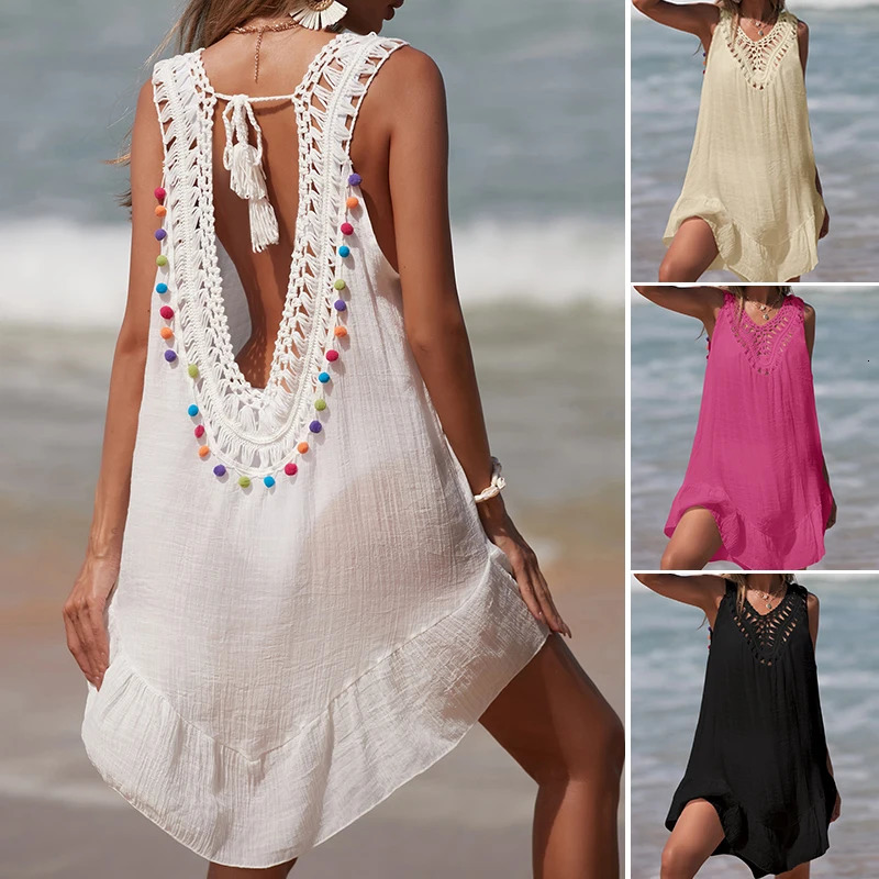 Womens Vneck backless hollow short crochet spliced black fungus dress with colorful ball beach swimsuit cover 250409