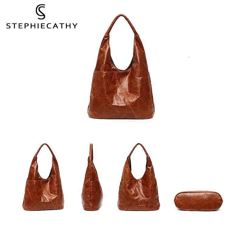 SC Single Handle Over Shoulder Hobo Bag Women Retro Leather Soft Multi Pockets Large Capacity Handbag Vintage Style Snap Button