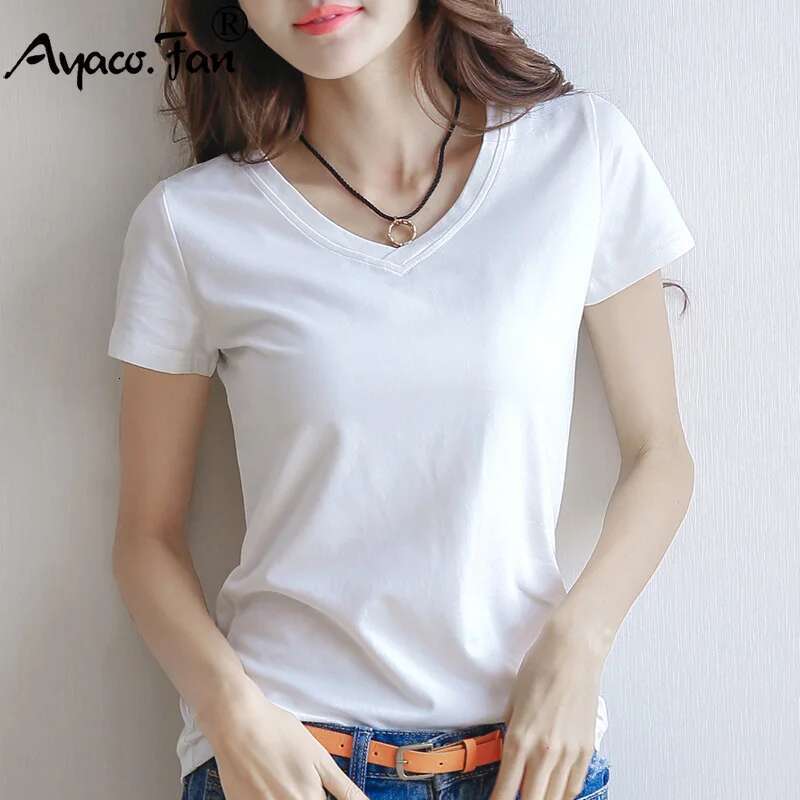 Spring Summer Women Cotton T-shirt Black V-Neck Short Sleeve Female Tee Slim White T-Shirt Casual Solid Lady Tshirt Tops