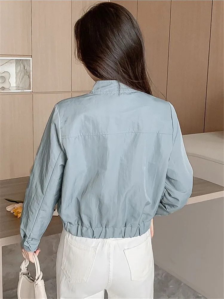 Spring and Autumn Womens Baseball Jacket Solid Color Casual Zipper Long Sleeve Stand up Collar Coat Chaquetas De Mujer 250409