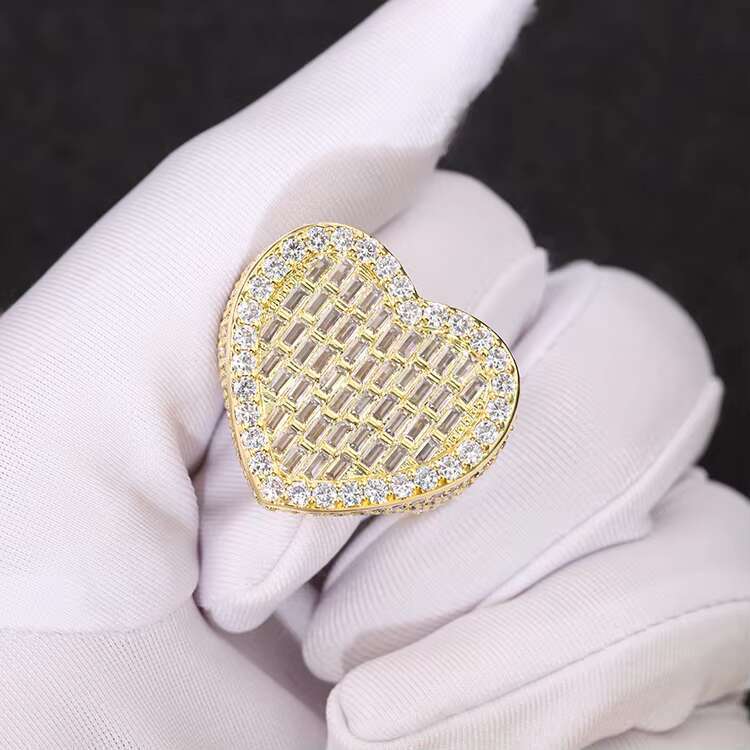 Fashion Style Heart Shape Gold Plated 925 Sterling Silver Baguettes Moissanite Diamond Ring for Hip Hop Jewelry