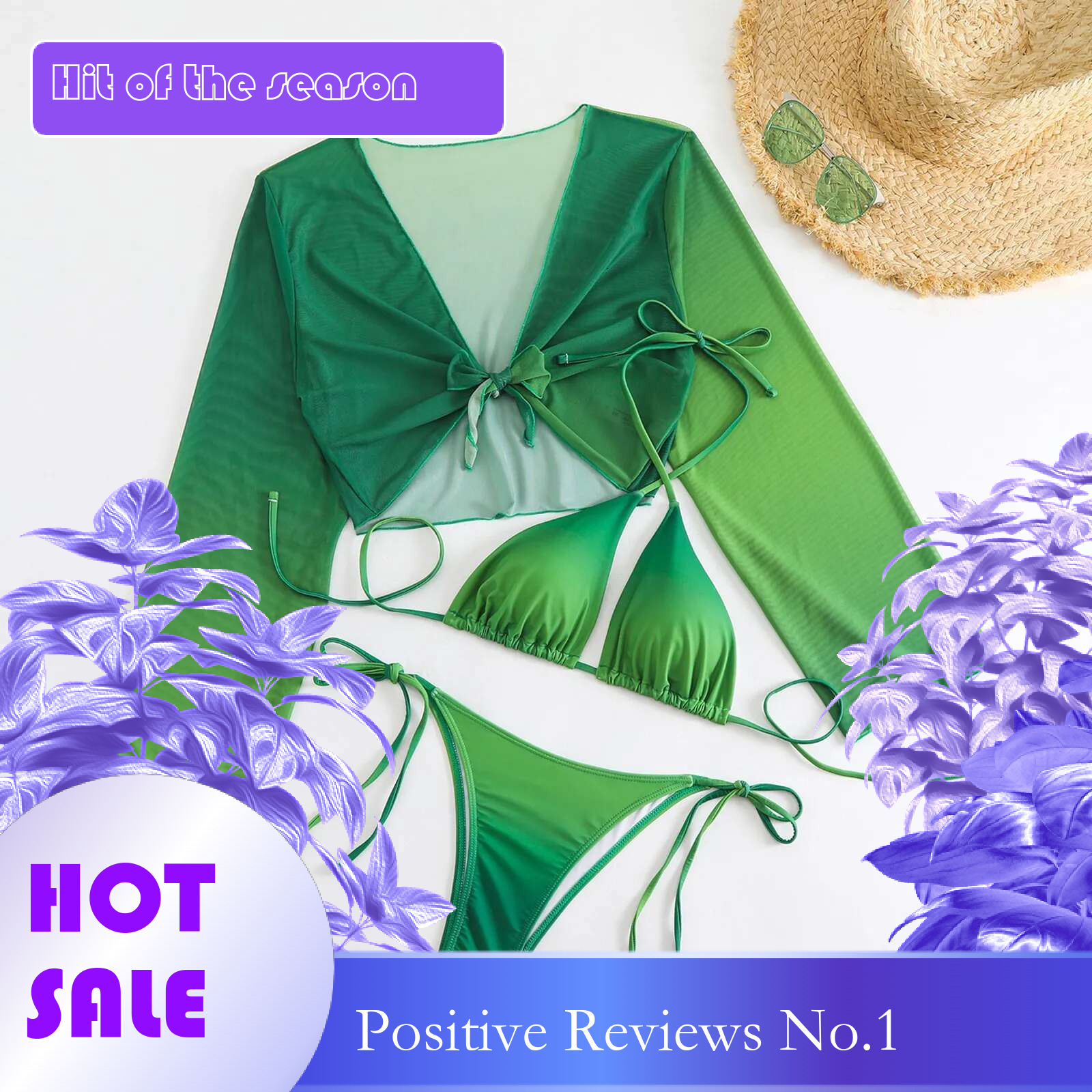 Dongdumaoyi Sexy Green Bikini Set Women Halter Long Sleeve Top Piece Swimsuit Summer Bathing Suit Swimwear Female Thong Biquini New