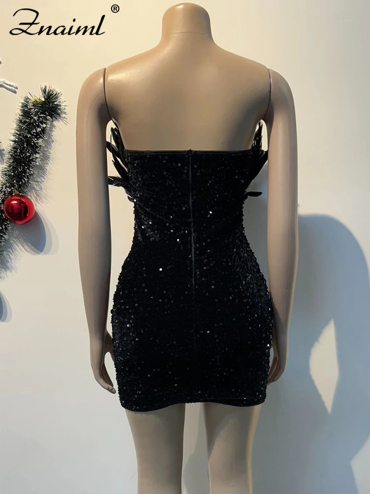 Znaiml y Birthday Womens Feather Sparkle Strapless Deep Vneck Black Tight Mini Dress Sexy Club Party Night Dance 250409