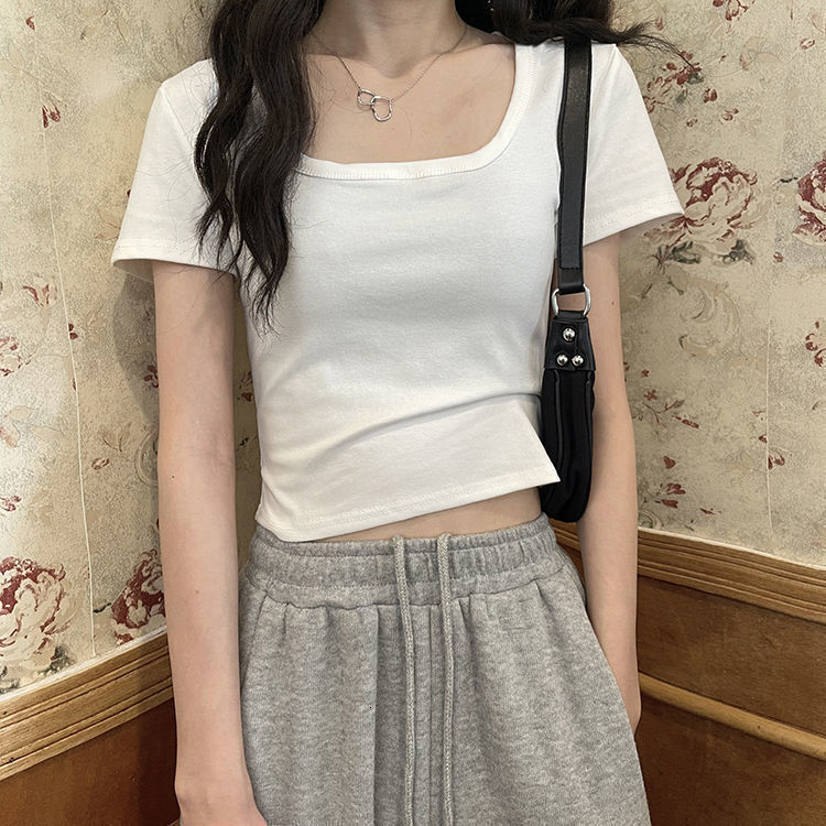 2025S Designer Women S T Shirt Summer T Shirt Women S Solid Color New High Waisted Slim Fit Spicy Girl Versatile Short Sleeved Square Neck Top Trend