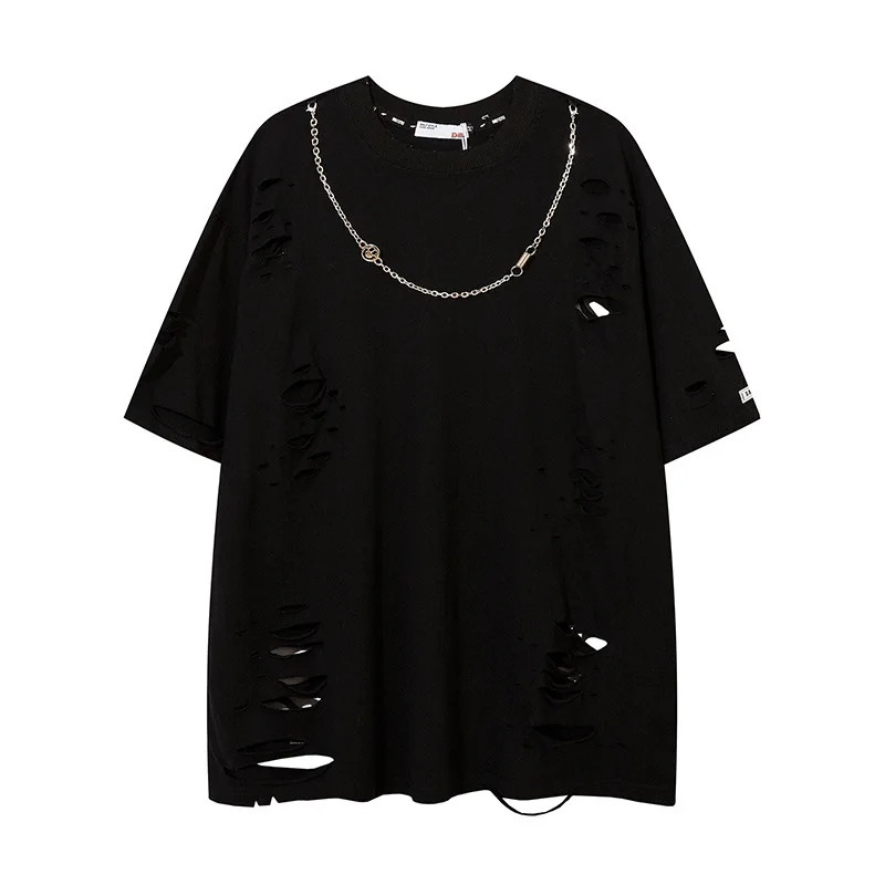 Mens cracked hole T-shirt street clothing short sleeved T-shirt mens hip-hop retro cracked cut T-shirt oversized top 250408