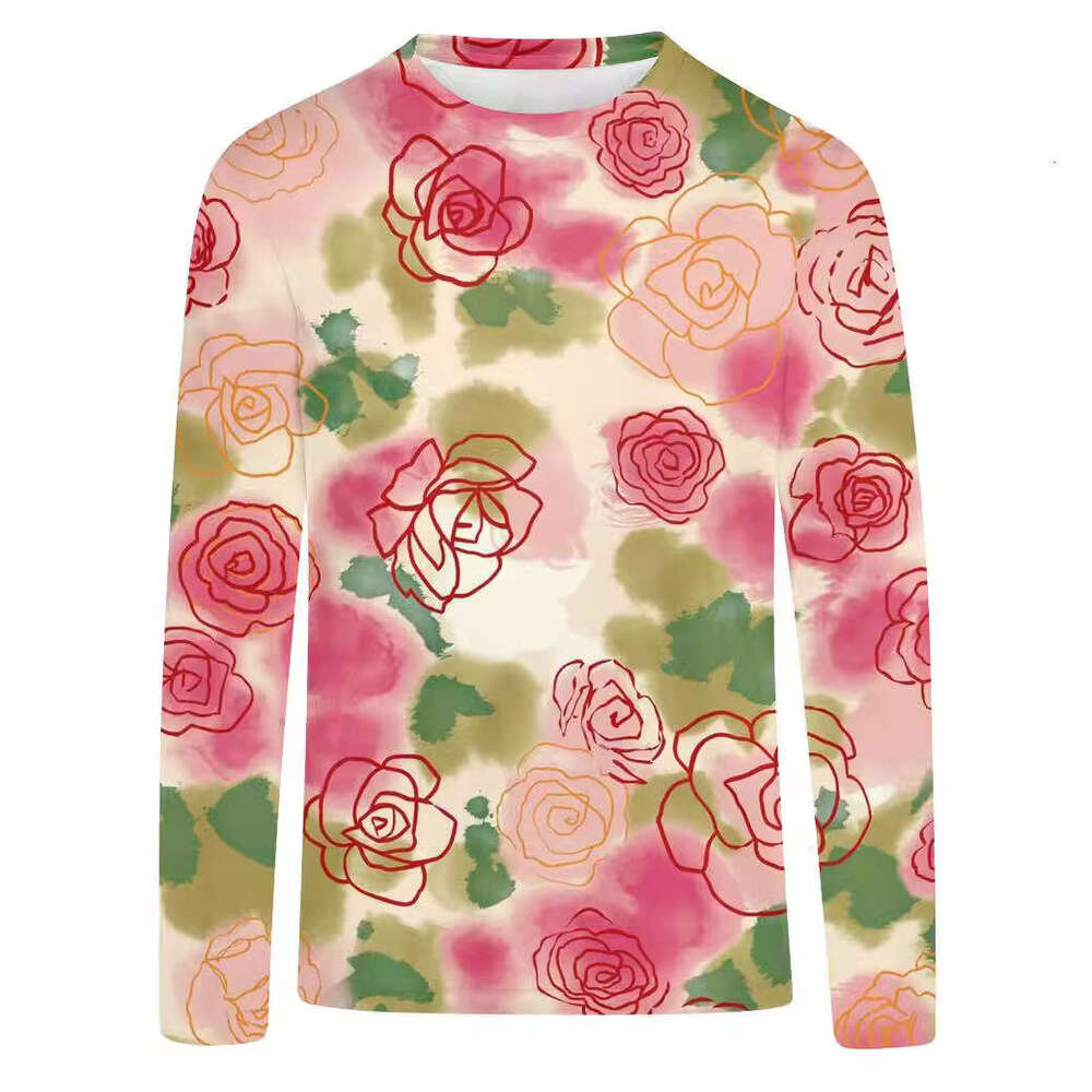 3D digital printed women's autumn artistic T-shirt round neck casual small fresh floral long sleeved top