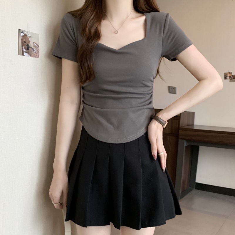 2025S Designer Women S T Shirt Square Collar Shoulder Sleeved T Shirt For Women In Summer New Style With Waist Cinching Slim Fit Short Style Student P