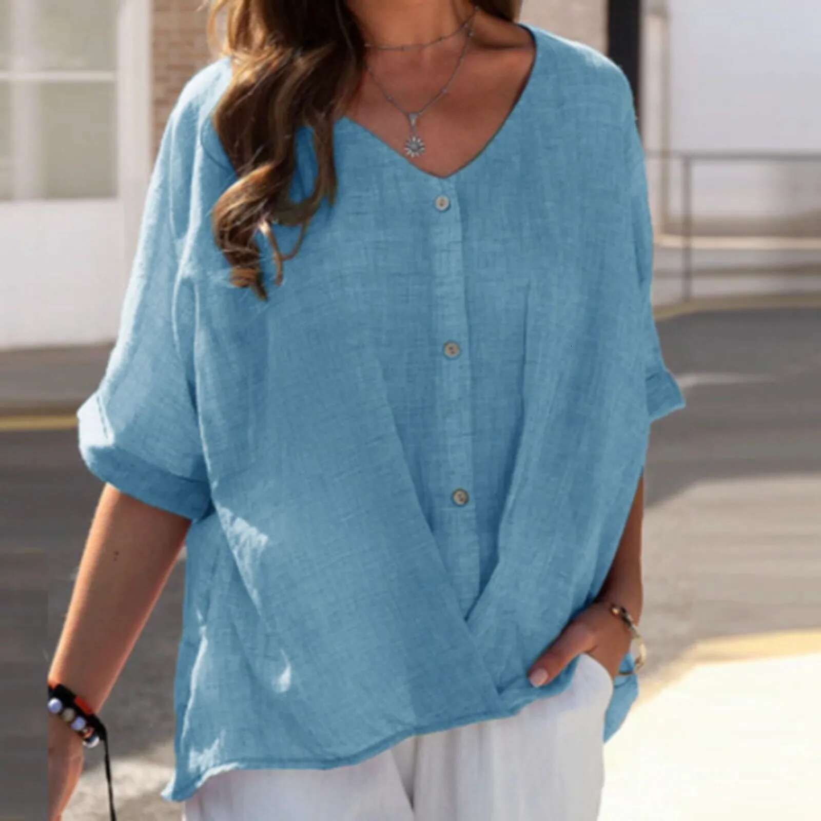 Dongdumaoyi Summer Cotton Linen Button Blouse Women Long Sleeve O Neck Solid Shirts Ladies Lady Elegant Vintage Casual Breathable Tops T Shirt