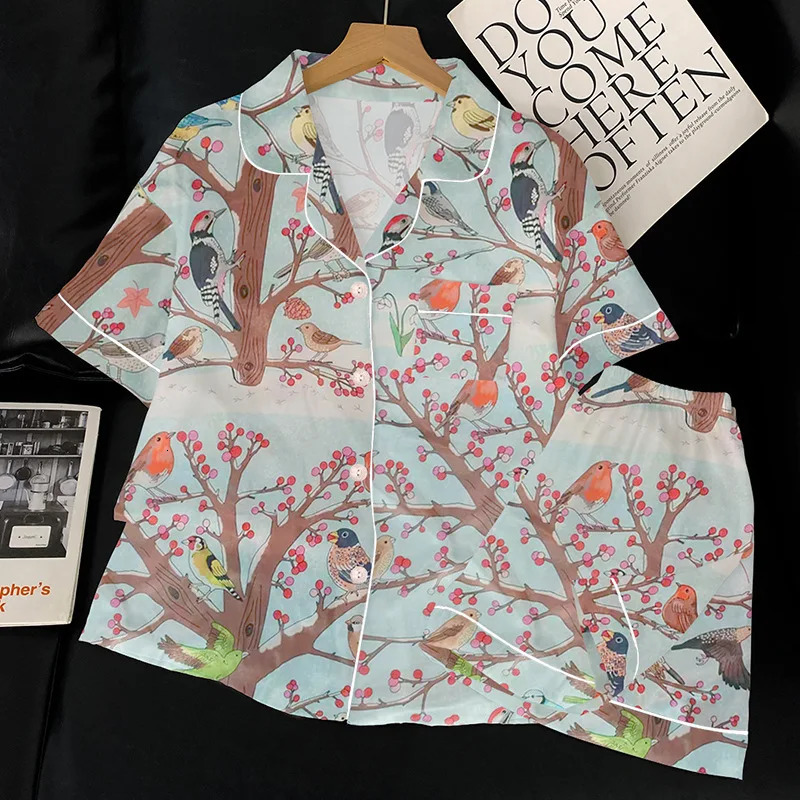 Niche Light y Ice Silk Pajamas Womens Summer Rural Bird Pattern Short Sleeve Set 250409