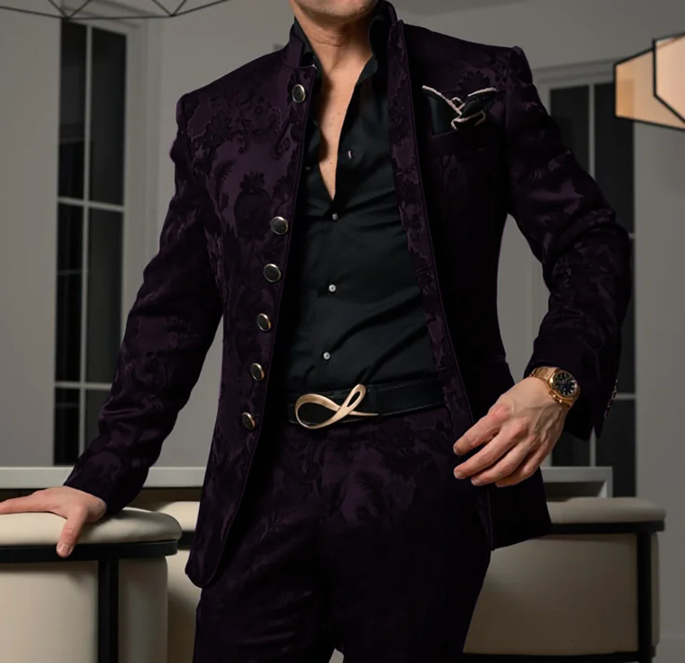 Pattern Black Mens Set 2-piece Jacket Pants Wedding Groom Evening Dress Stand up Collar Jacket Classic Jacquard Set 250408
