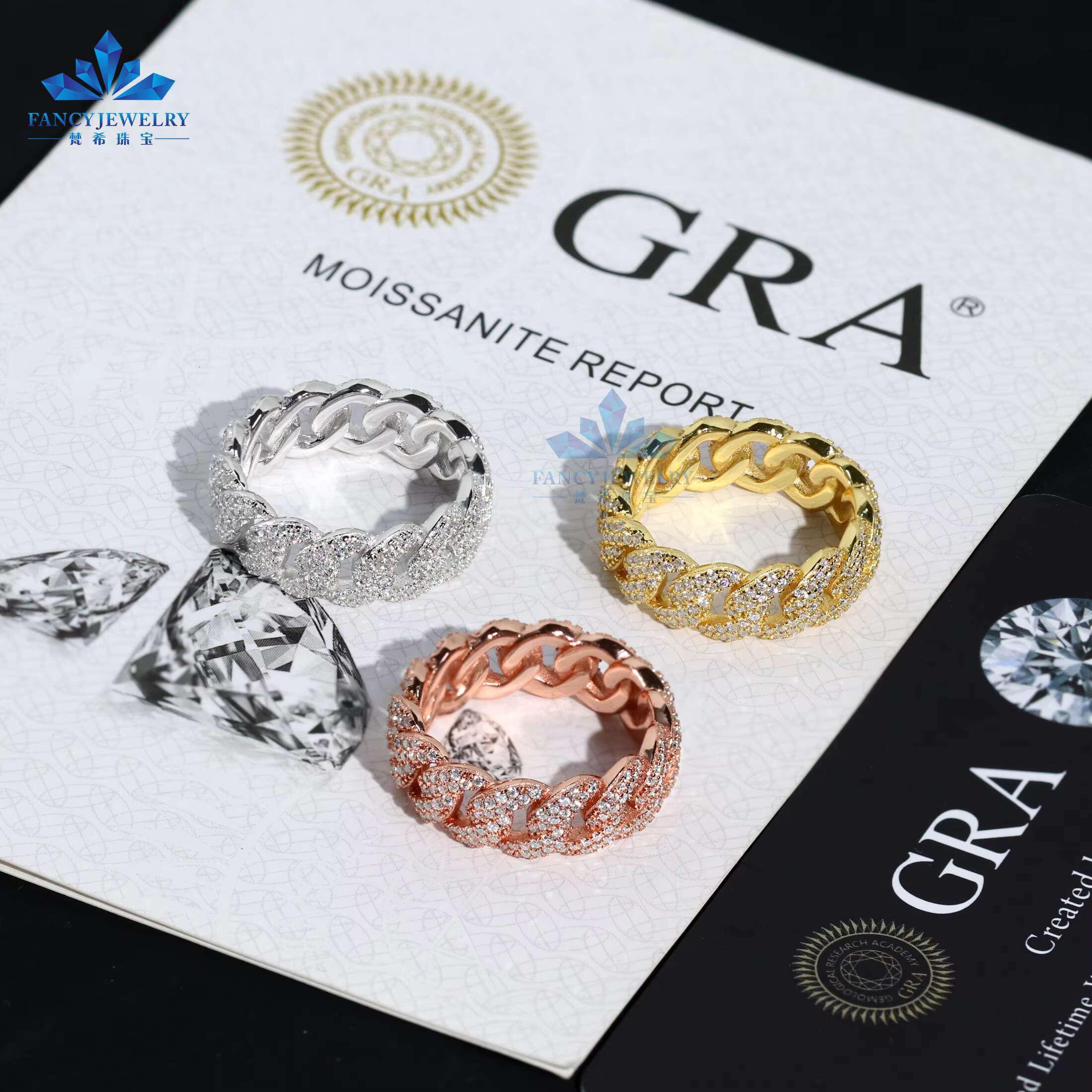 RTS Mens Cuban Link Ring 7mm Wide Moissanite Diamond 925 Sterling Silver VVS Gold Plated Fine Jewelry