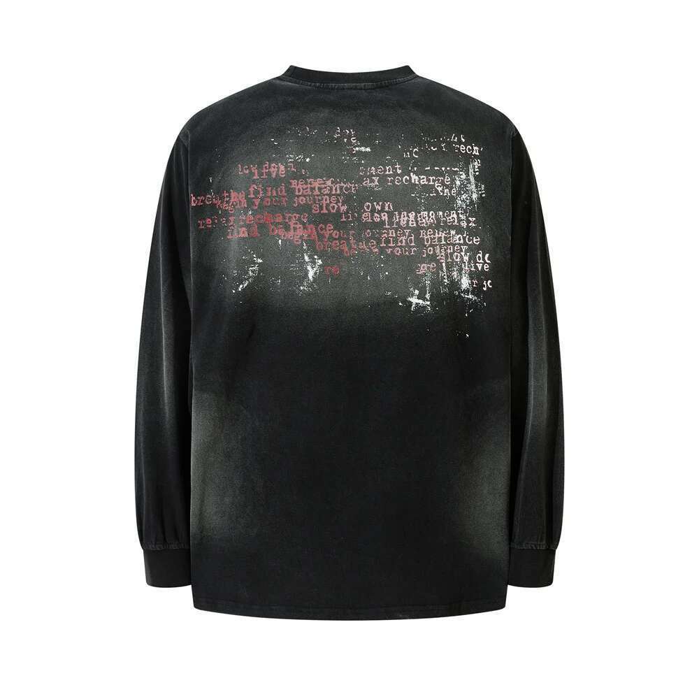 Distressed Letter Double-Sided Printed T-Shirt Mens High Street Autumn Long Sleeve Loose Cotton Crew Neck Tee Men