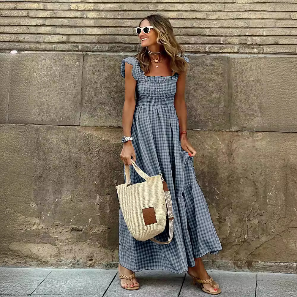 X451Stylish Women's Multi-Color Plaid Suspender Swing Dress with Elastic Waist for Summer Wear