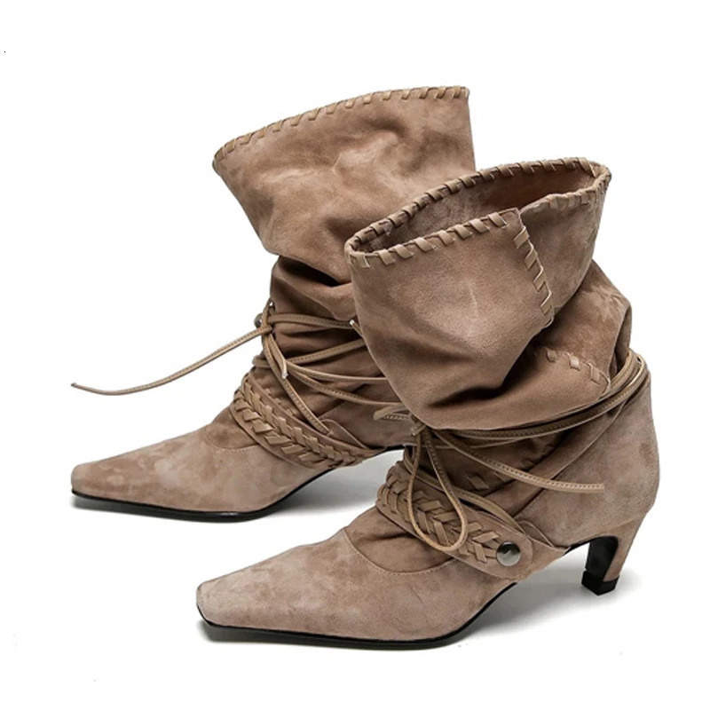 Liyke Autumn Winter Brown Suede Weave Laceup Women Fold Pleated Ankle Boots Fashion Thin Low Heels Chelsea Western Ladies Shoes 251103