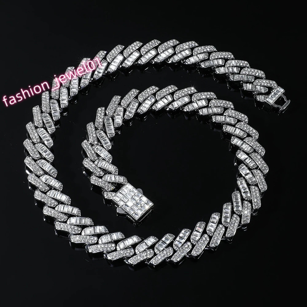Hip Hop 15mm Chain Baguette Stones Iced Out Rapper Necklace For Men Women Miami Cuban Chain Bracelet Fashion Charm Jewelry Gift