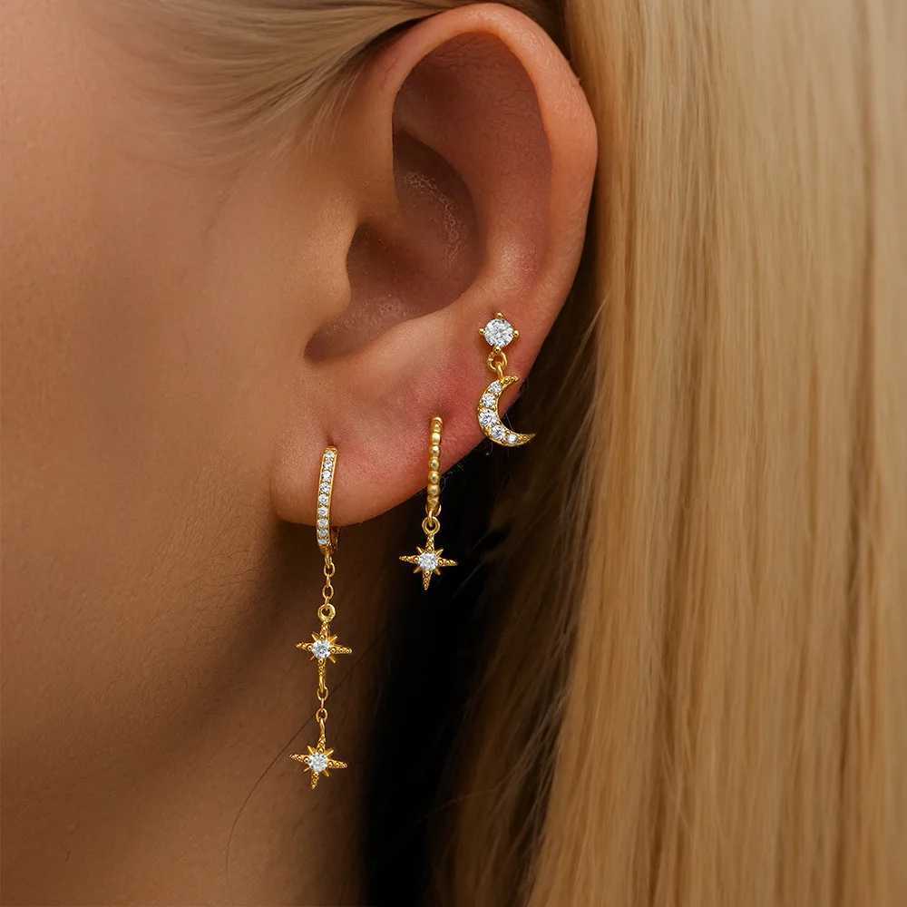 New Design Stainless Steel Cubic Zirconia Chain Hoop Earring For Women Star Moon Pendant Cartilage Earring Piercing Jewelry Z250408