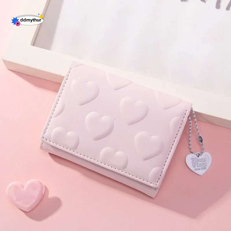 Women's Money Clip Solid Color Love Imprinted PU Leather Short Coin Wallet Three Fold Multi-card Slot Bag Credit Card ddmythur