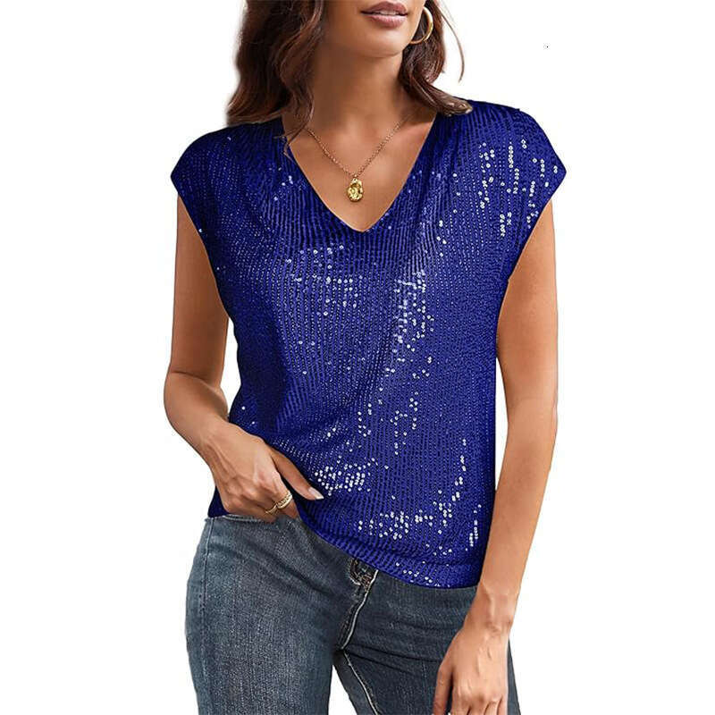2025 V-Neck Sequin Short Sleeve Women's Shiny Tank Top Party Shirt Blouse silk woman WOMENS PLUS SIZE SHIRTS