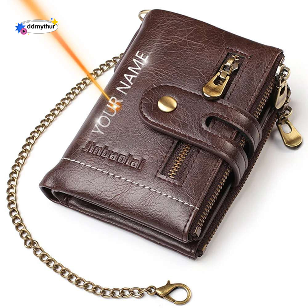 2021 New Wallets Name Customized PU Leather Short Card Holder Chain Men Purse High Quality Brand Male wallet ddmythur