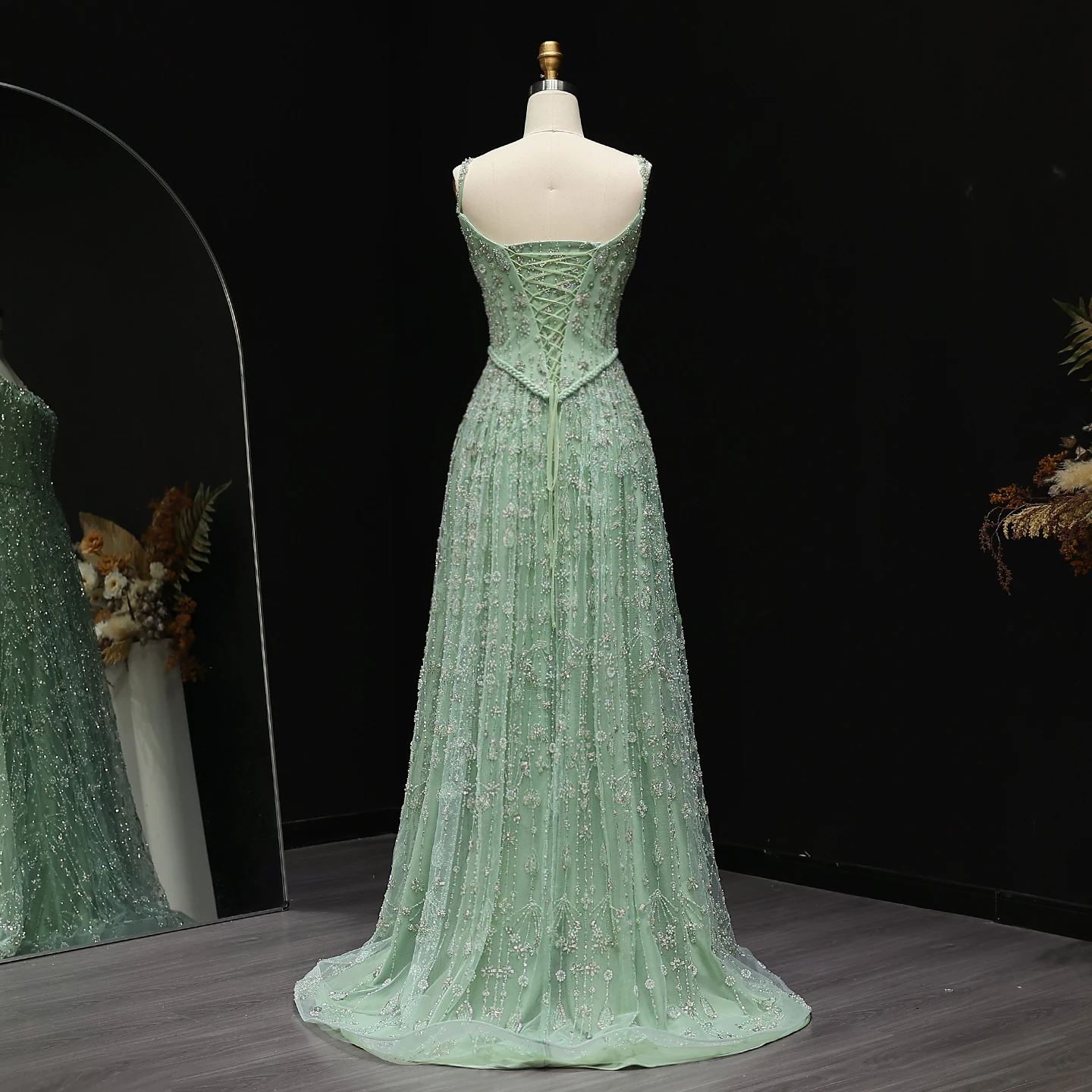 Elegant Sage Green Luxury Arabic Evening Prom Dress for Women Party Spaghetti Straps 2025 New Customized Vestido De Noite