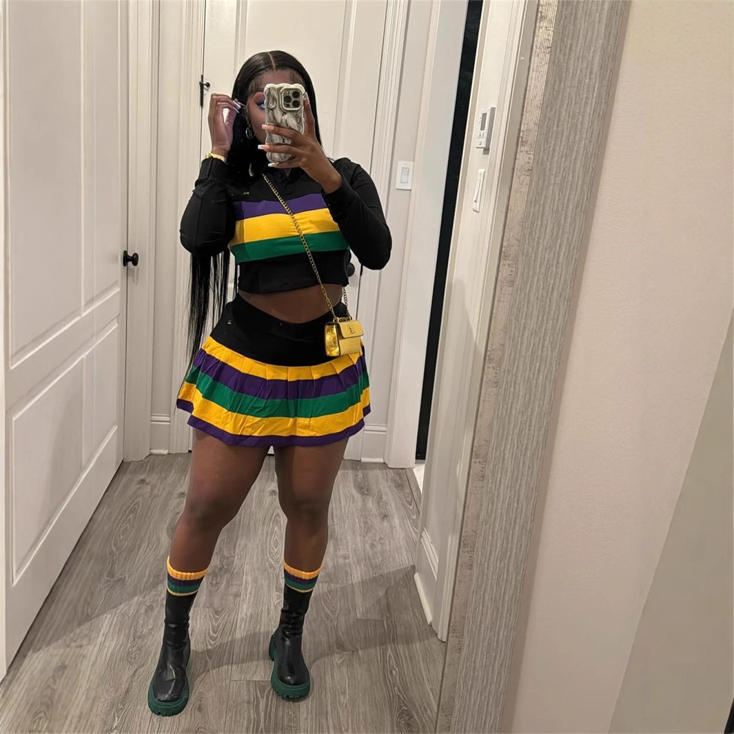 2025S Designer Women S Set New Fashion Contrasting Striped Girl Style Lapel Long Sleeved Top Pleated Short Skirt Set For Women