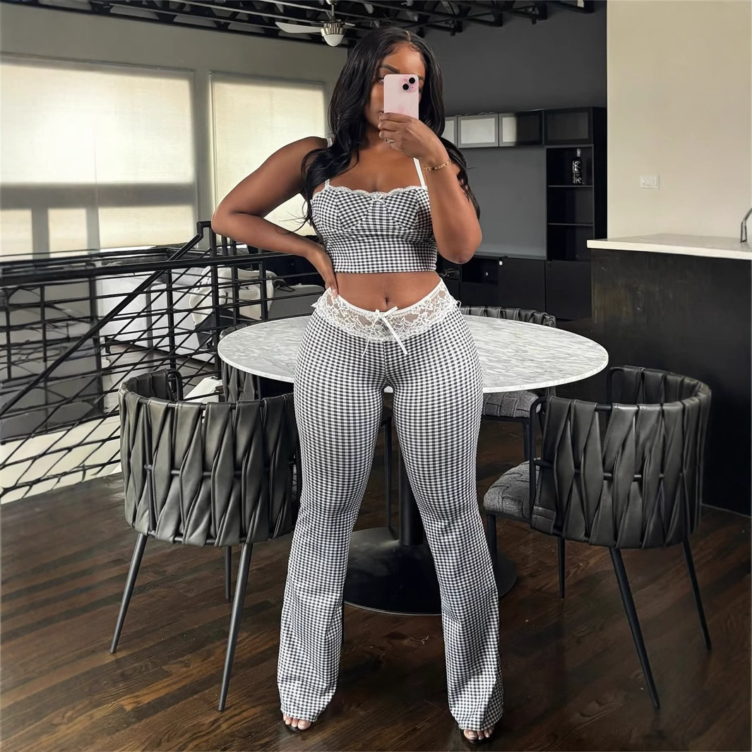 2025S Designer Women S Set Summer Sexy Checkered Printed Umbilical Top With Lace Strap Up Waist Pants Set For Women