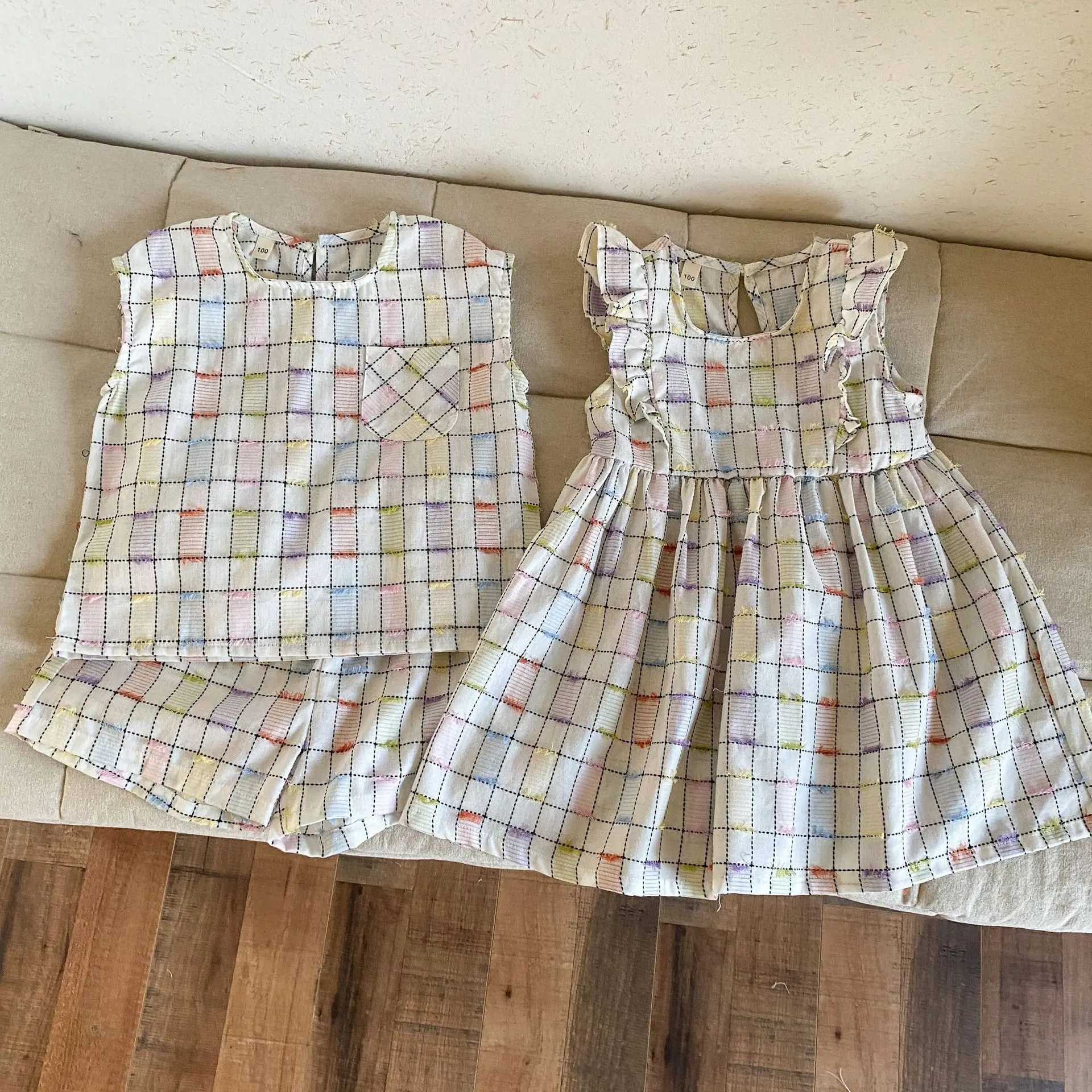 5588 Brothers and sisters Clothing 2025 Summer New Boys Two Piece Set Vest+Short or Cotton Rainbow Solid Baby Girls Dress S2548