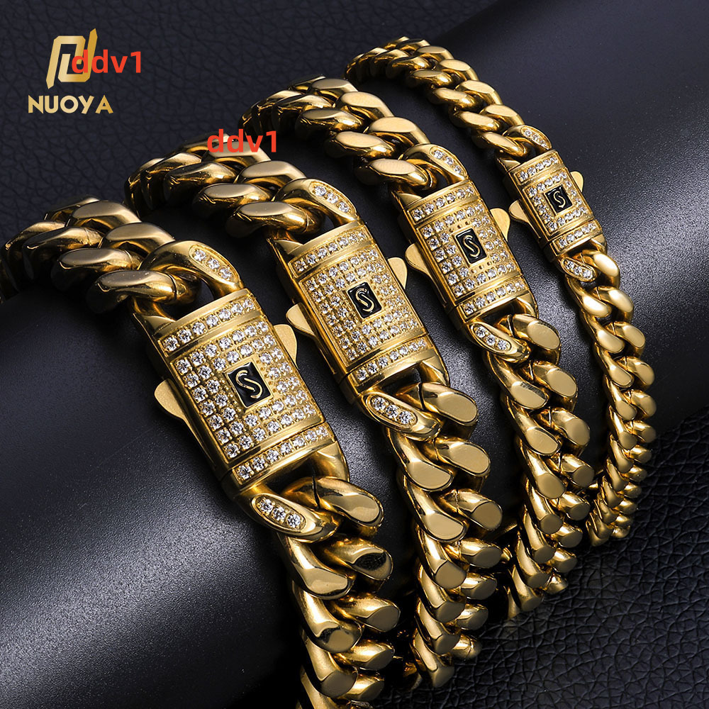 NUOYA Hiphop Jewelry Mens Stainless Steel Bracelet High Polished Cuban Chain with Iced Out Moissanite Clasp 14K Gold Plated Bracelet