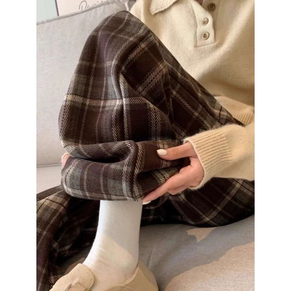 Fluffy Plaid Wide For Women, Autumn And Winter Retro High Waisted Lazy Casual Slim Straight Leg Pants