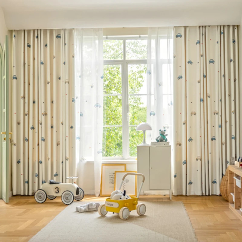 1 cute cartoon car childrens blackout curtain beige blackout curtain childrens bedroom window decoration sheer curtain 250409